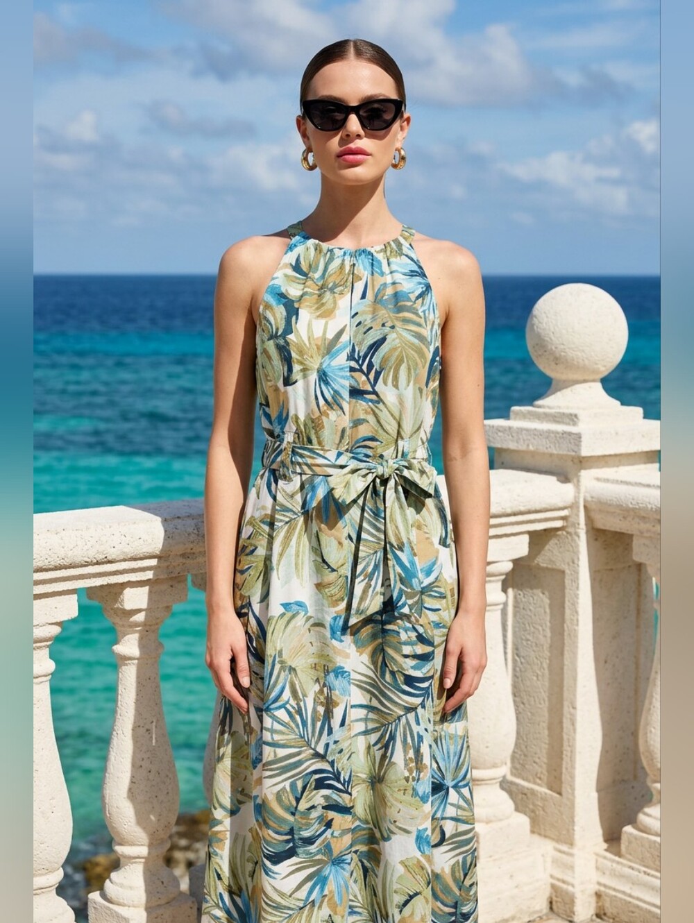Tropical Leaf Halter Maxi Dress - Blue Green Size M